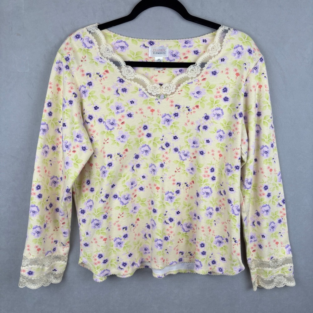 Classic Elements Sz M Floral Long Sleeve Lace Trim V-Neck Cotton Pajama Top Soft